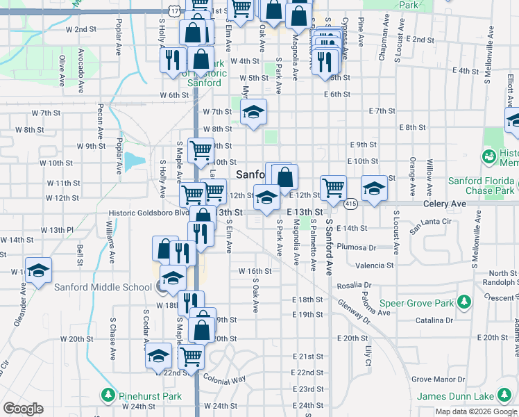 map of restaurants, bars, coffee shops, grocery stores, and more near in Sanford