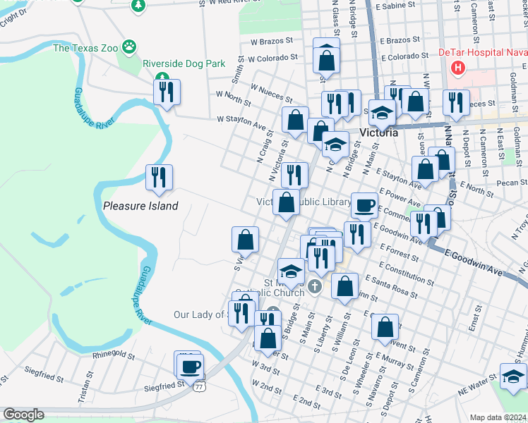 map of restaurants, bars, coffee shops, grocery stores, and more near 108 North Victoria Street in Victoria