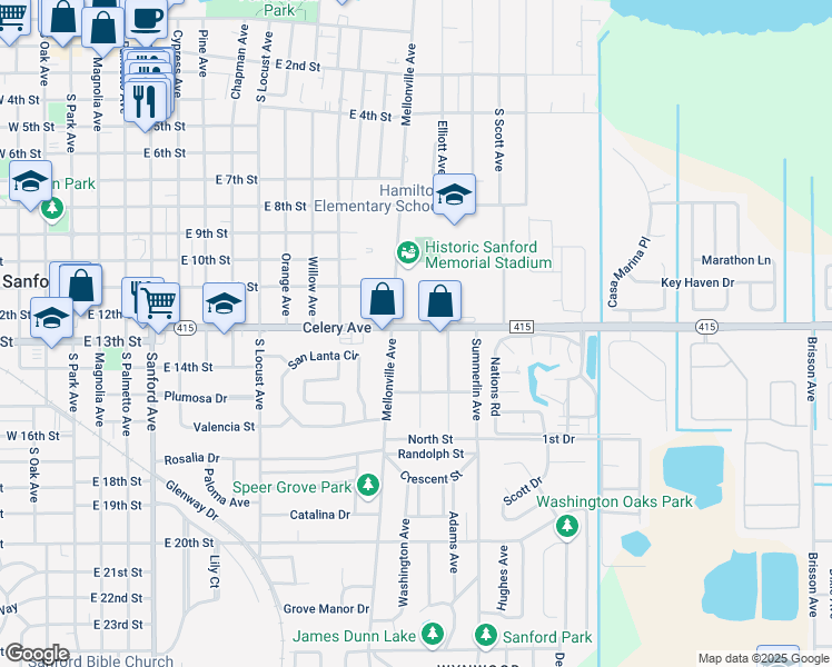 map of restaurants, bars, coffee shops, grocery stores, and more near 1337 Celery Avenue in Sanford