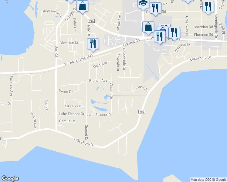 map of restaurants, bars, coffee shops, grocery stores, and more near 600 Vincent Drive in Mount Dora