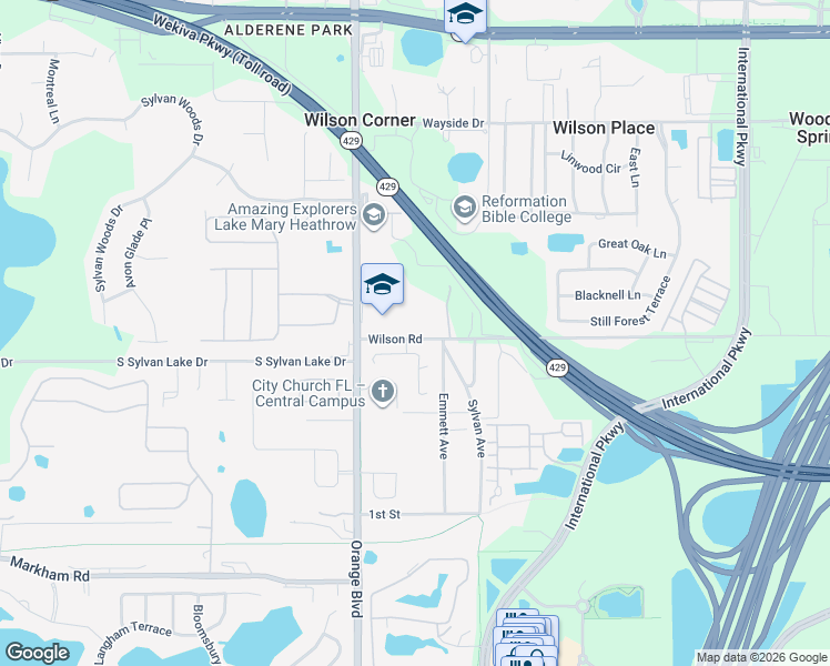 map of restaurants, bars, coffee shops, grocery stores, and more near 5580 Wilson Road in Sanford