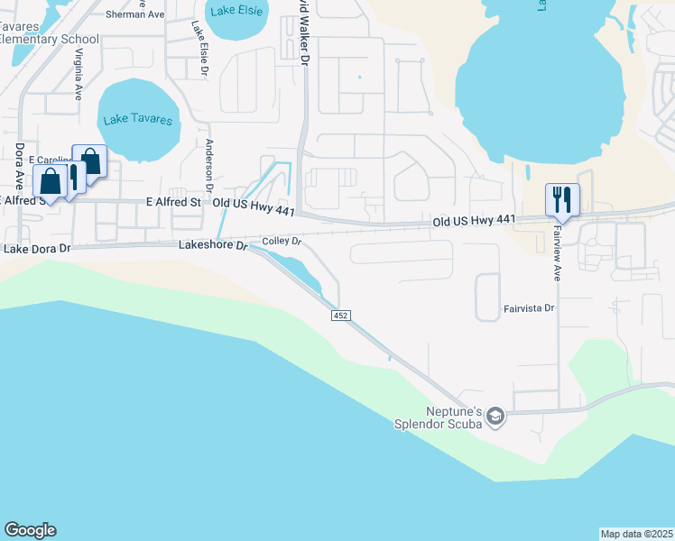 map of restaurants, bars, coffee shops, grocery stores, and more near 15215 Colley Drive in Tavares
