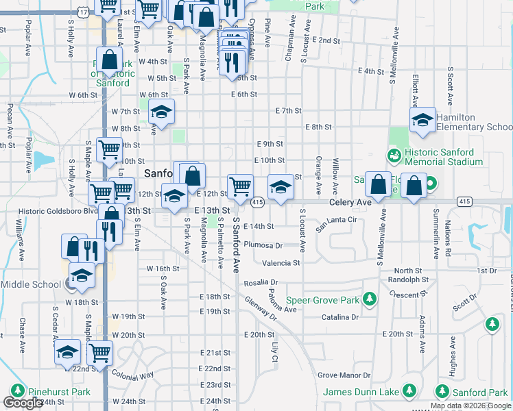 map of restaurants, bars, coffee shops, grocery stores, and more near 1120 Cypress Avenue in Sanford