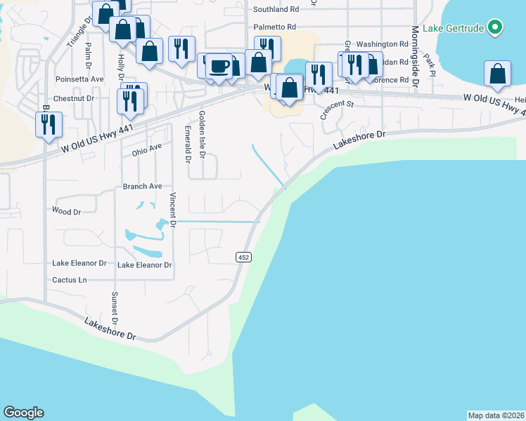 map of restaurants, bars, coffee shops, grocery stores, and more near 2700 Lakeshore Drive in Mount Dora