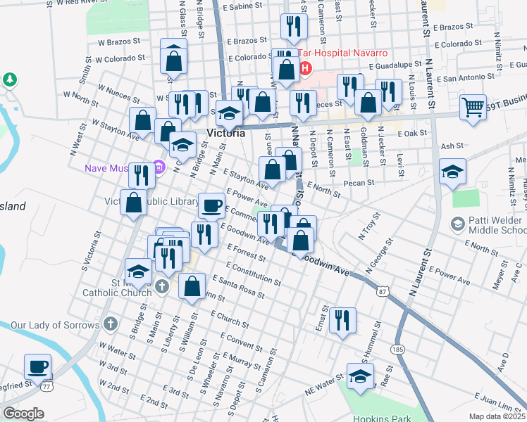 map of restaurants, bars, coffee shops, grocery stores, and more near 402 North De Leon Street in Victoria