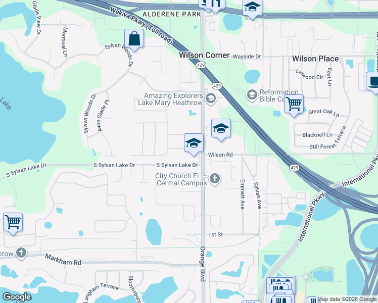 map of restaurants, bars, coffee shops, grocery stores, and more near 209 Southern Magnolia Lane in Sanford