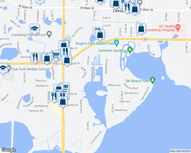 map of restaurants, bars, coffee shops, grocery stores, and more near 1079 Island Way in Leesburg