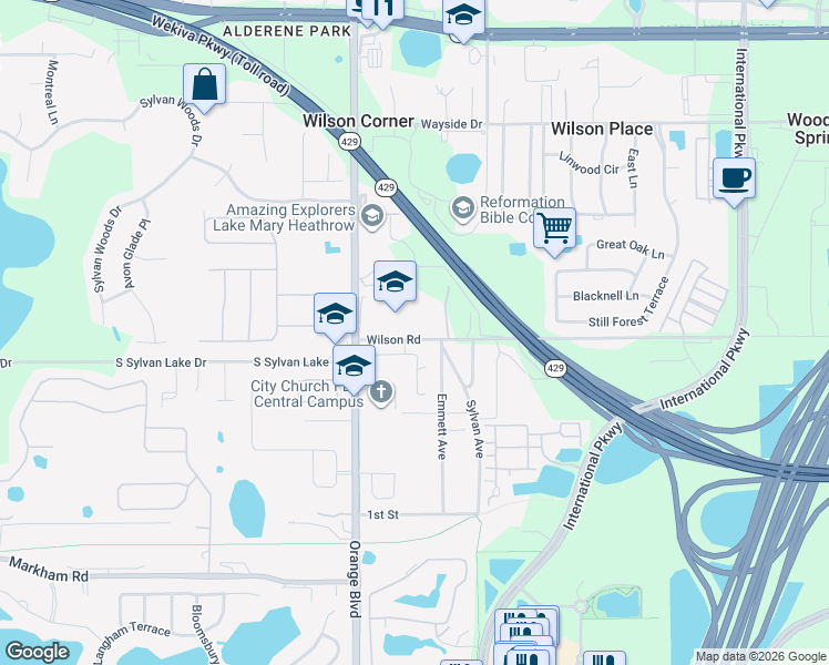map of restaurants, bars, coffee shops, grocery stores, and more near 5580 Wilson Road in Sanford
