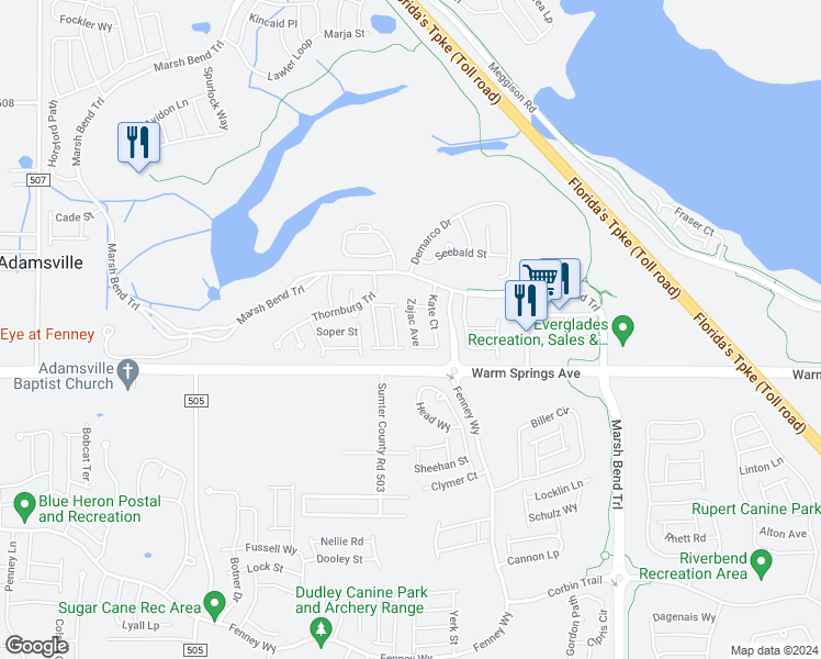 map of restaurants, bars, coffee shops, grocery stores, and more near 5430 Zajac Avenue in The Villages