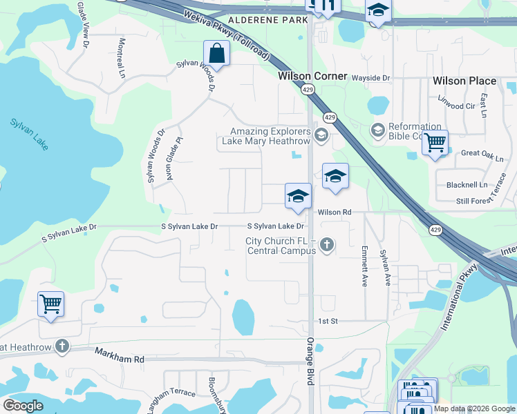 map of restaurants, bars, coffee shops, grocery stores, and more near 332 Meadow Beauty Terrace in Sanford