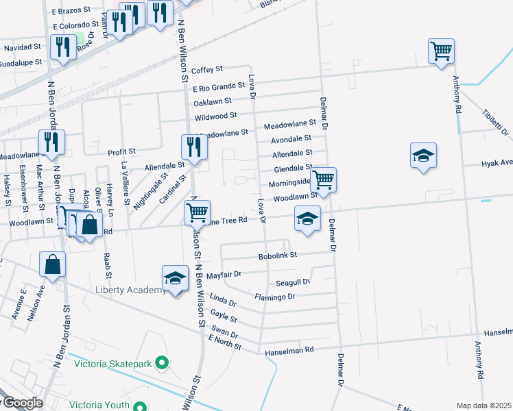 map of restaurants, bars, coffee shops, grocery stores, and more near 1801 Lova Drive in Victoria