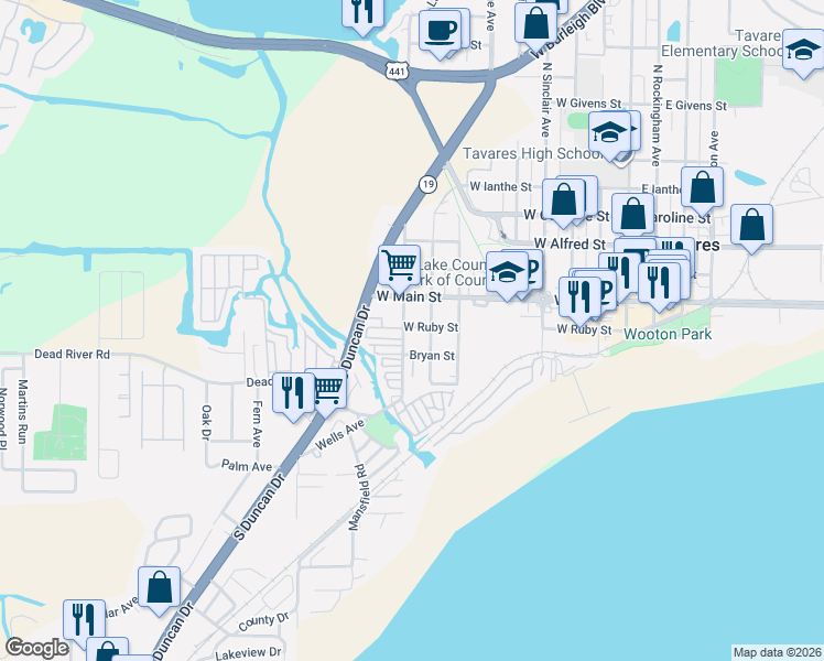 map of restaurants, bars, coffee shops, grocery stores, and more near 117 South Lake Avenue in Tavares