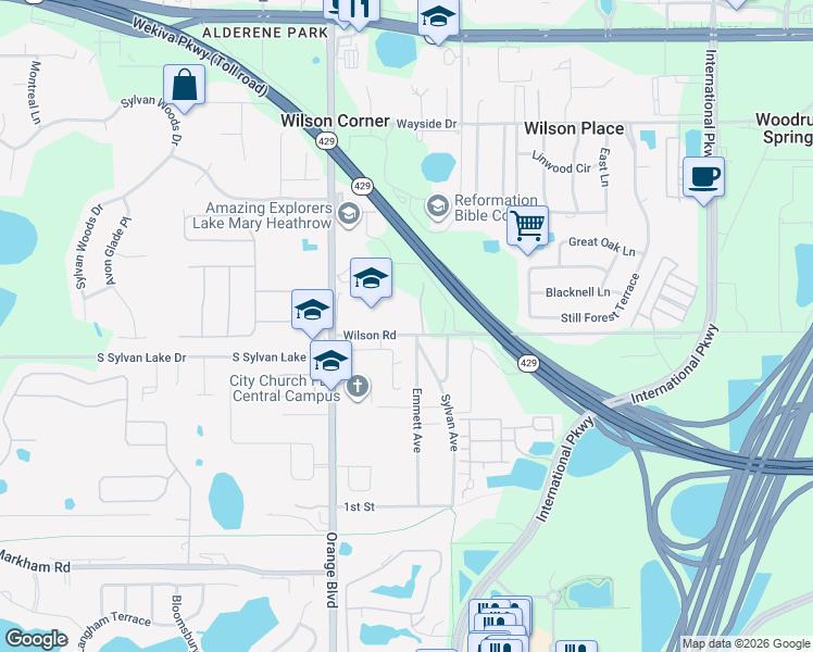 map of restaurants, bars, coffee shops, grocery stores, and more near 5580 Wilson Road in Sanford