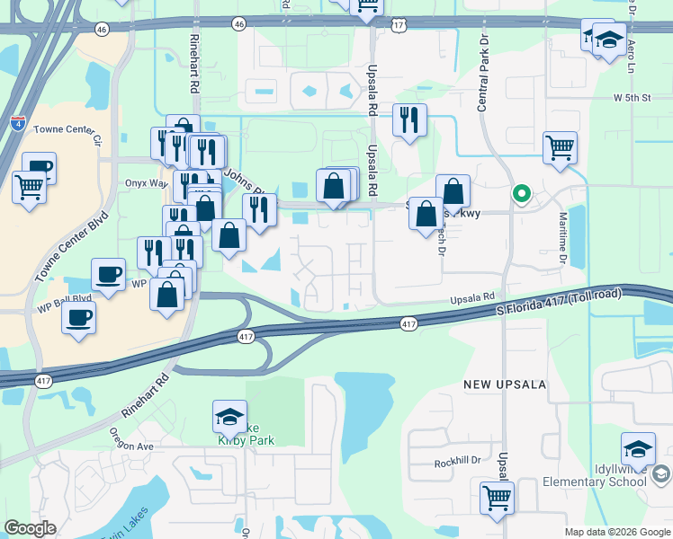 map of restaurants, bars, coffee shops, grocery stores, and more near 2021 Stockton Drive in Sanford