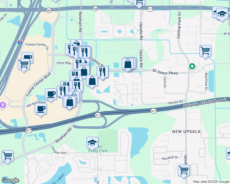 map of restaurants, bars, coffee shops, grocery stores, and more near 1151 Peralta Court in Sanford