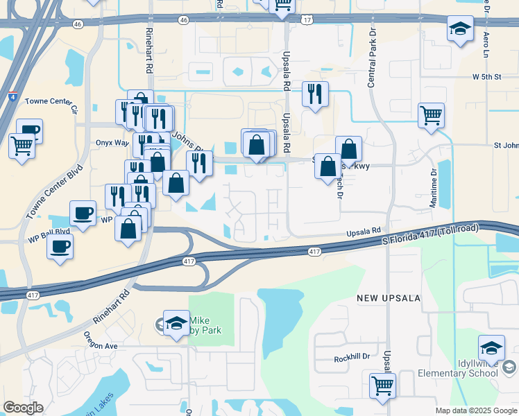 map of restaurants, bars, coffee shops, grocery stores, and more near 2061 Stockton Drive in Sanford