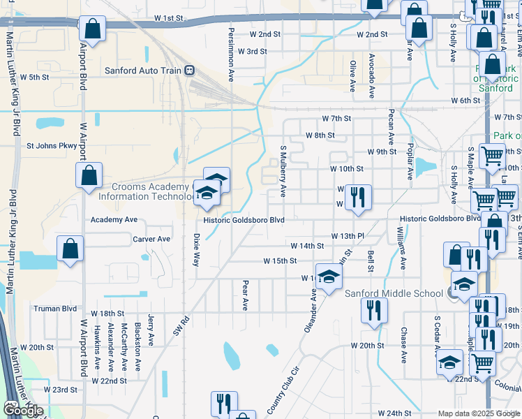 map of restaurants, bars, coffee shops, grocery stores, and more near 1807 West 12th Street in Sanford