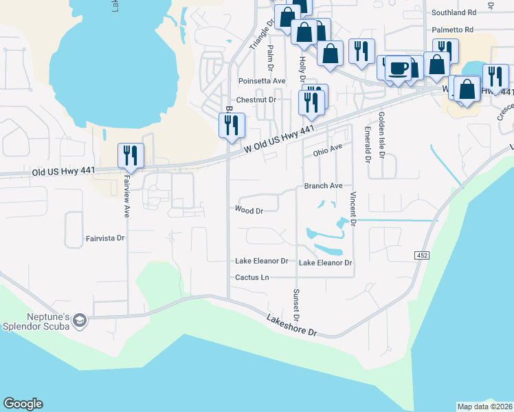 map of restaurants, bars, coffee shops, grocery stores, and more near 4141 Wood Drive in Mount Dora
