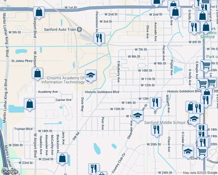 map of restaurants, bars, coffee shops, grocery stores, and more near 1807 West 12th Street in Sanford