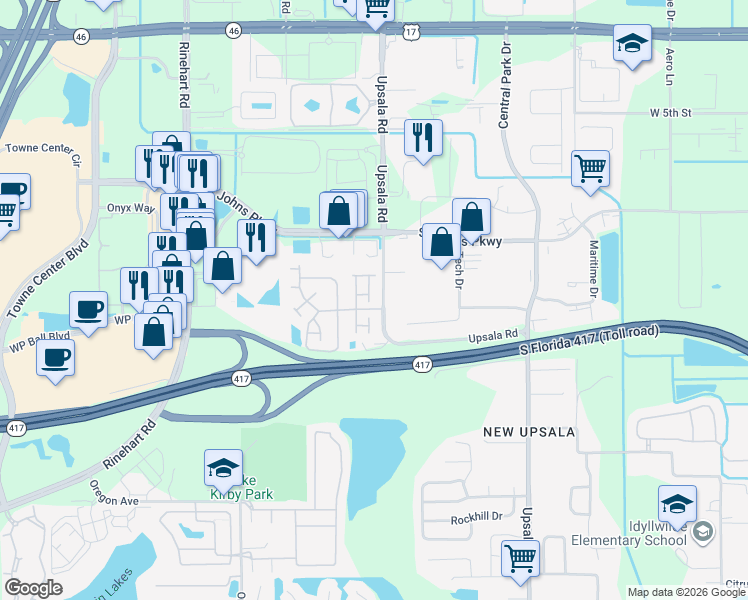 map of restaurants, bars, coffee shops, grocery stores, and more near 1263 Berkman Circle in Sanford