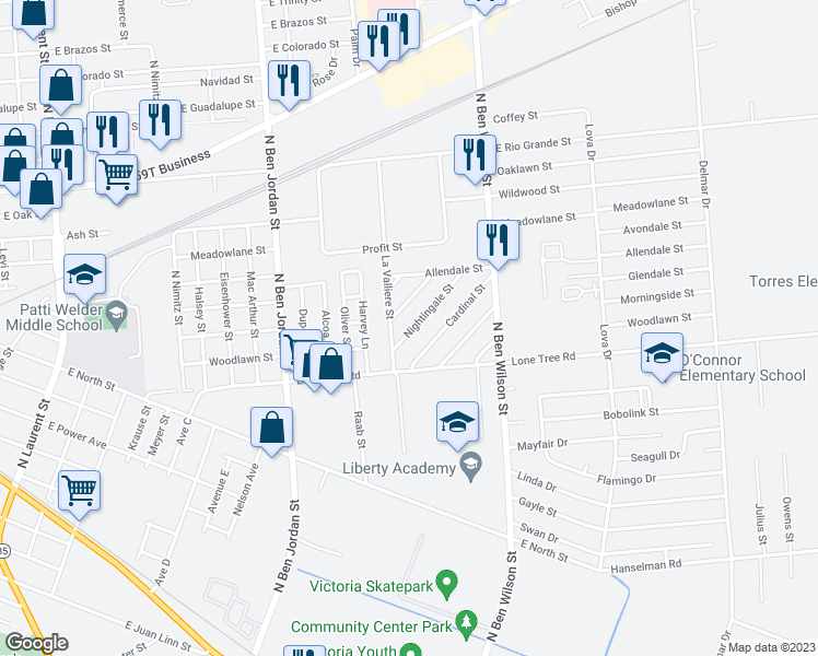 map of restaurants, bars, coffee shops, grocery stores, and more near 2508 Nightingale Street in Victoria