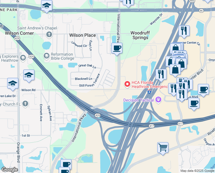 map of restaurants, bars, coffee shops, grocery stores, and more near 5359 Factors Walk Drive in Sanford
