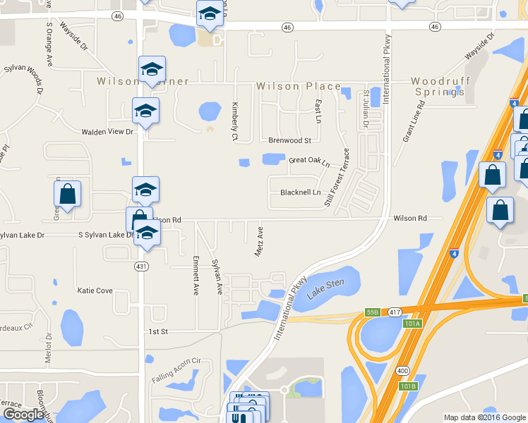 map of restaurants, bars, coffee shops, grocery stores, and more near 443 Still Forest Terrace in Sanford