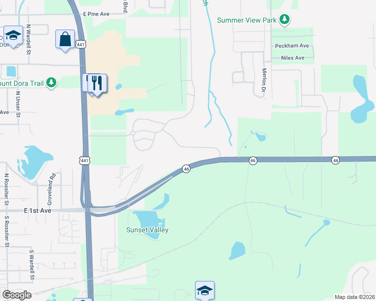 map of restaurants, bars, coffee shops, grocery stores, and more near 2340 Sabastian Street in Mount Dora