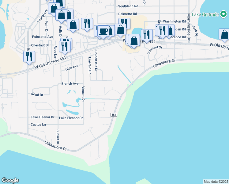 map of restaurants, bars, coffee shops, grocery stores, and more near 3030 Laurel Drive in Mount Dora