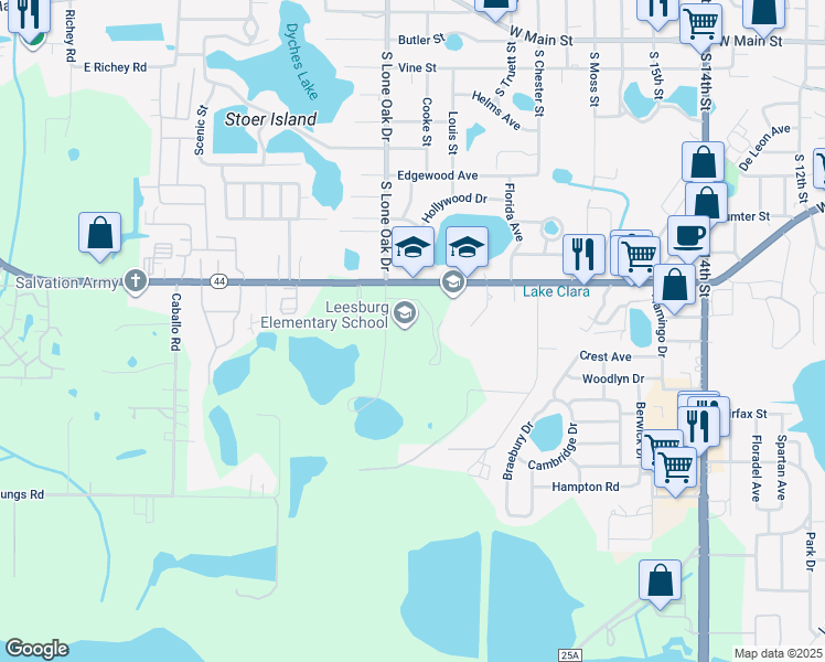 map of restaurants, bars, coffee shops, grocery stores, and more near 2229 South Street in Leesburg