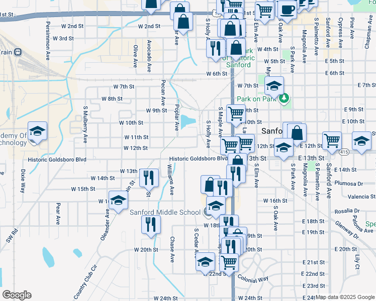 map of restaurants, bars, coffee shops, grocery stores, and more near 1011 West 12th Street in Sanford