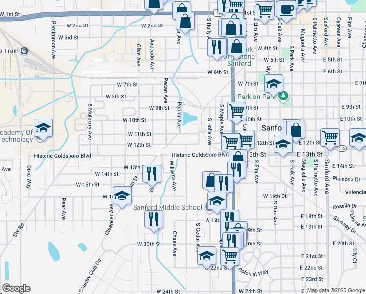 map of restaurants, bars, coffee shops, grocery stores, and more near 1011 West 12th Street in Sanford