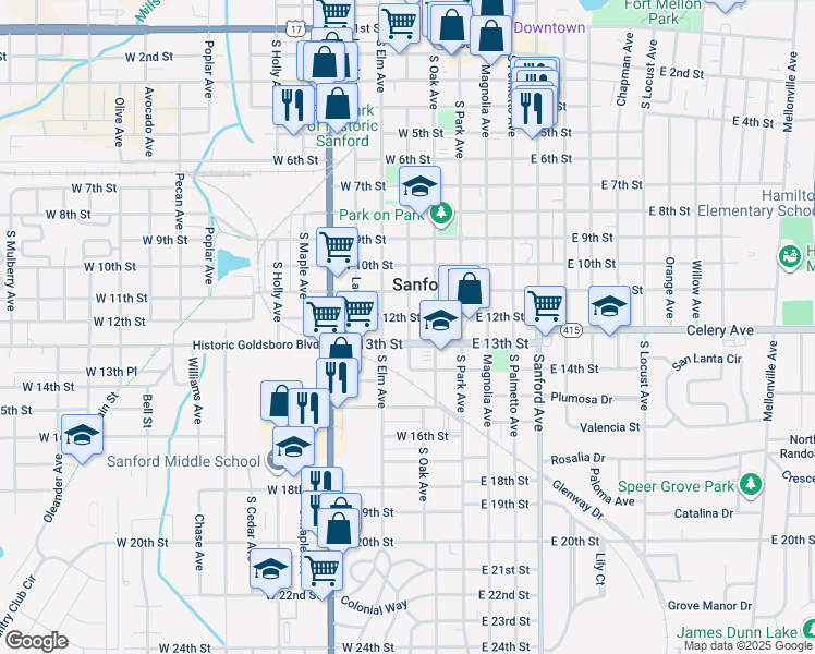 map of restaurants, bars, coffee shops, grocery stores, and more near 1208A Myrtle Avenue in Sanford