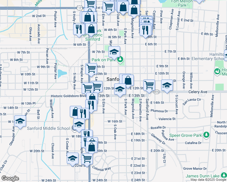 map of restaurants, bars, coffee shops, grocery stores, and more near 1208A Myrtle Avenue in Sanford
