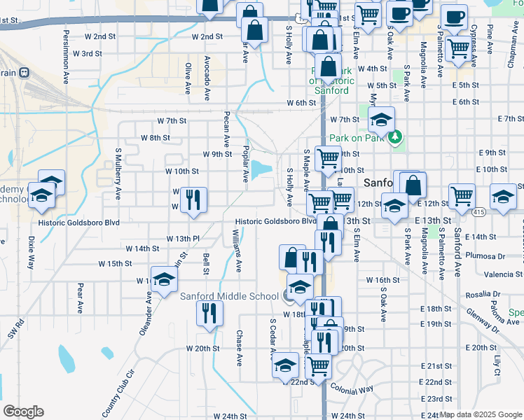 map of restaurants, bars, coffee shops, grocery stores, and more near 1011 West 12th Street in Sanford