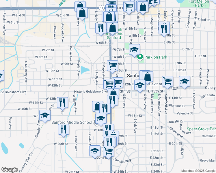 map of restaurants, bars, coffee shops, grocery stores, and more near 1200 South French Avenue in Sanford