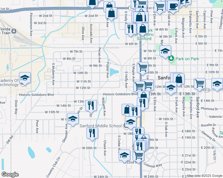 map of restaurants, bars, coffee shops, grocery stores, and more near 1001 West 12th Street in Sanford