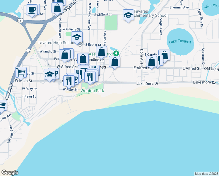 map of restaurants, bars, coffee shops, grocery stores, and more near 426 Lake Dora Drive in Tavares