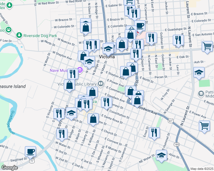 map of restaurants, bars, coffee shops, grocery stores, and more near 204 East Commercial Street in Victoria