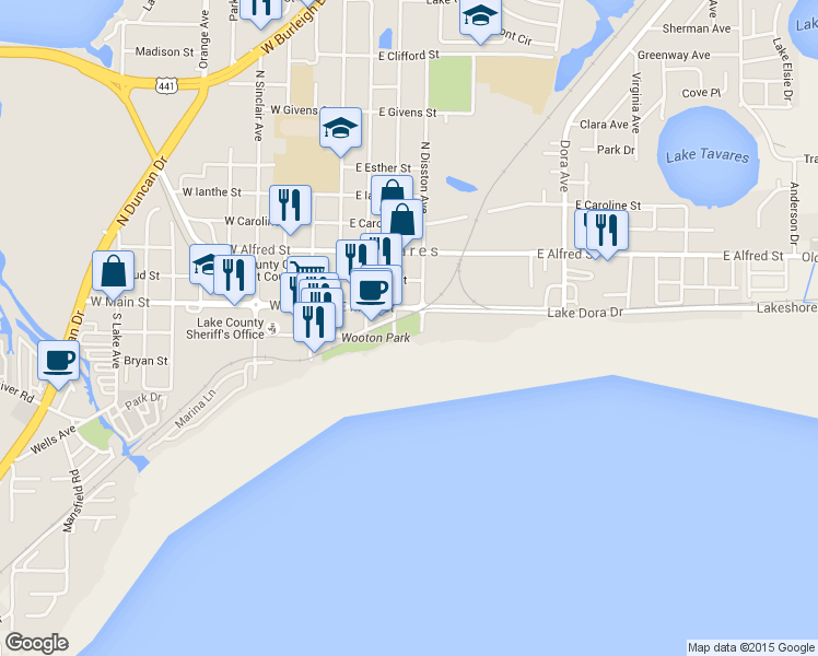 map of restaurants, bars, coffee shops, grocery stores, and more near 306 East Ruby Street in Tavares