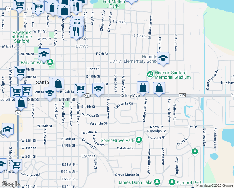 map of restaurants, bars, coffee shops, grocery stores, and more near 904 Florida 415 Alternate in Sanford
