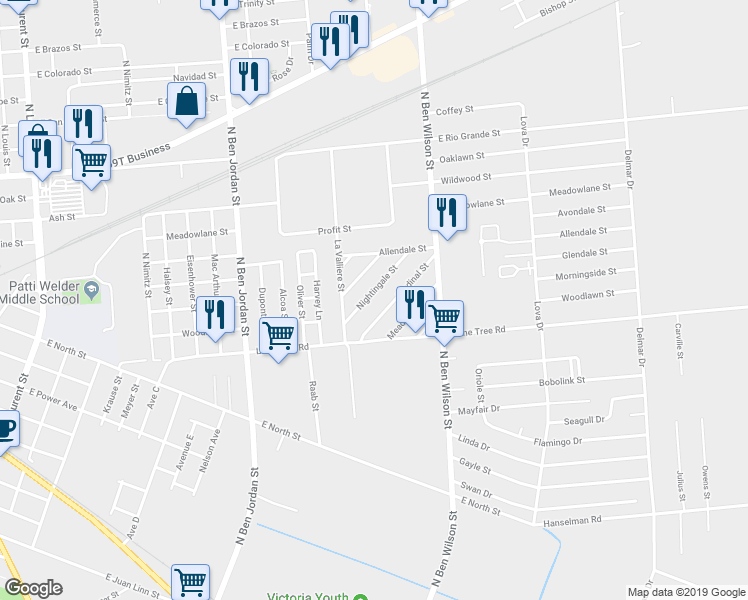 map of restaurants, bars, coffee shops, grocery stores, and more near 2601 Nightingale Street in Victoria