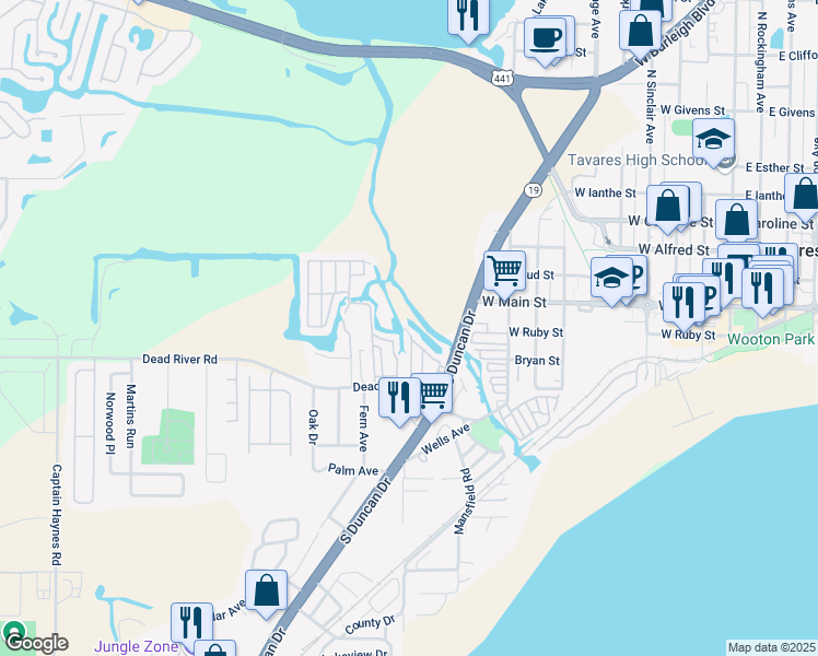 map of restaurants, bars, coffee shops, grocery stores, and more near 1136 Rue De Dore in Tavares