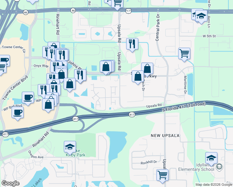 map of restaurants, bars, coffee shops, grocery stores, and more near 1263 Berkman Circle in Sanford