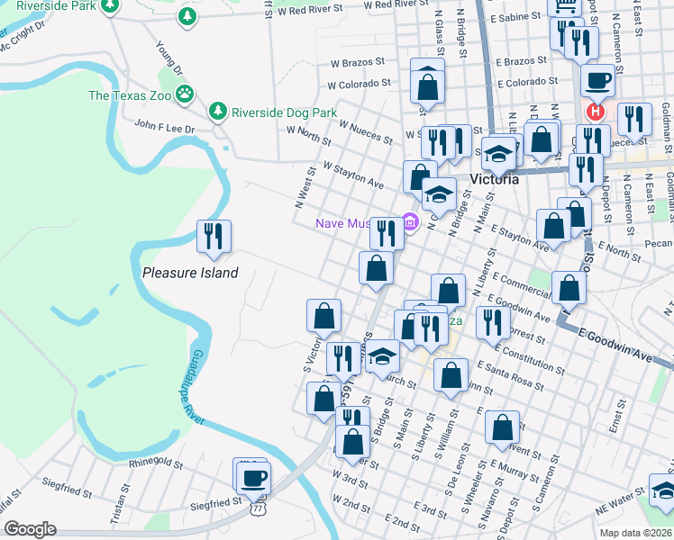 map of restaurants, bars, coffee shops, grocery stores, and more near 603 West Forrest Street in Victoria