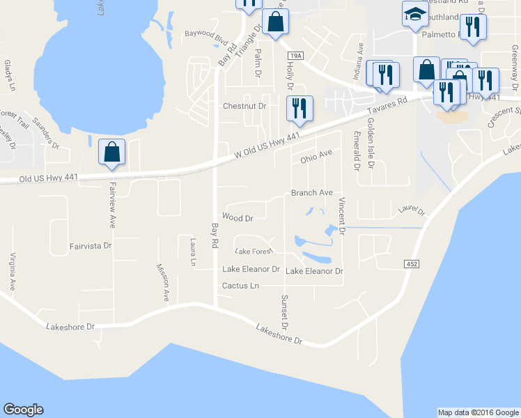 map of restaurants, bars, coffee shops, grocery stores, and more near 3985 Wood Drive in Mount Dora