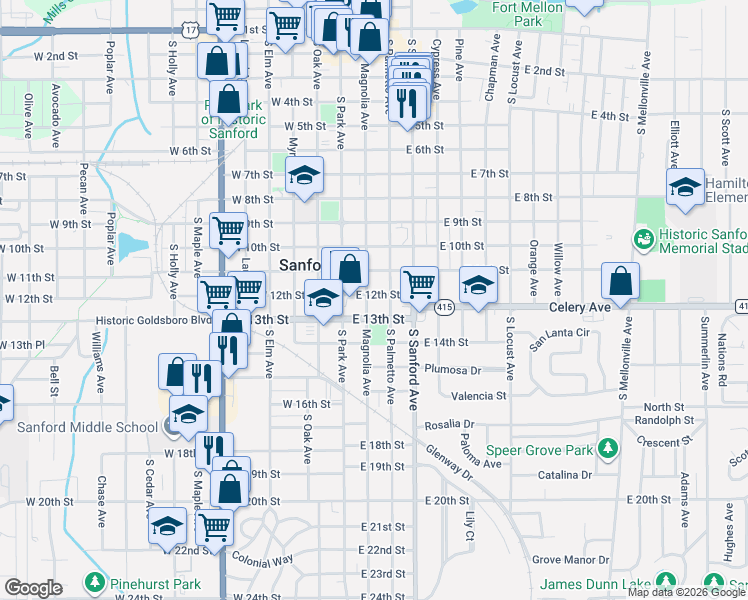 map of restaurants, bars, coffee shops, grocery stores, and more near 1200 Magnolia Avenue in Sanford