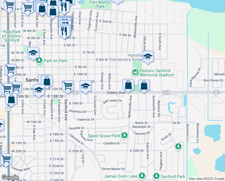 map of restaurants, bars, coffee shops, grocery stores, and more near 1002 Celery Avenue in Sanford