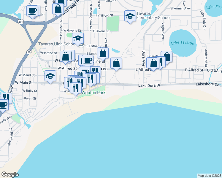 map of restaurants, bars, coffee shops, grocery stores, and more near 426 Lake Dora Drive in Tavares