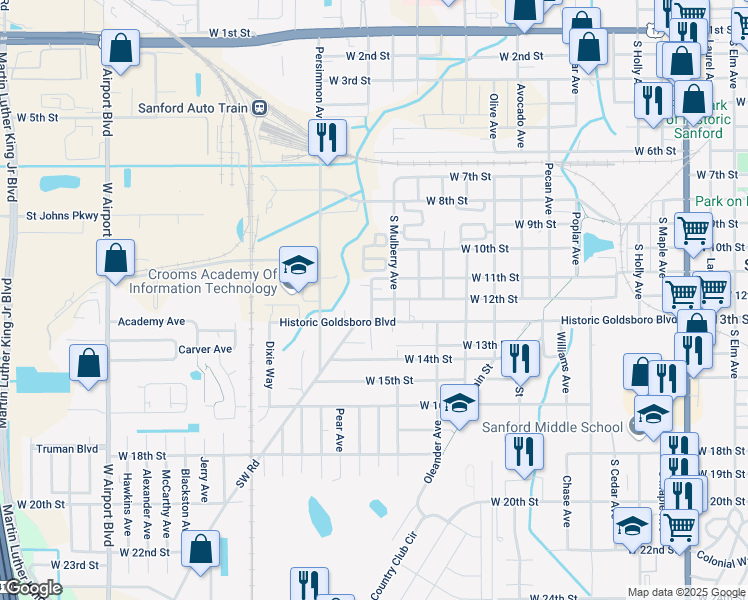 map of restaurants, bars, coffee shops, grocery stores, and more near 1807 West 12th Street in Sanford
